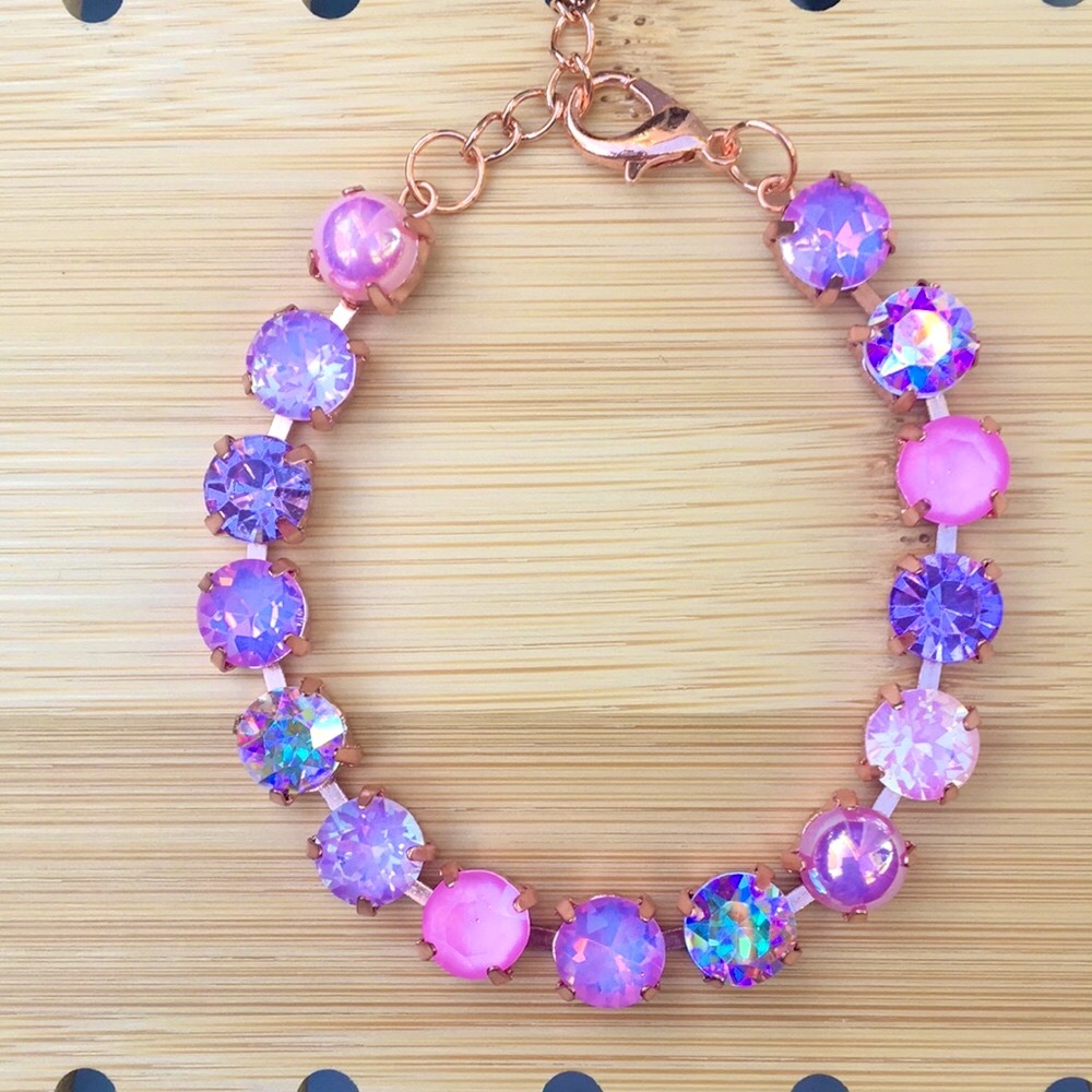Pink Rose+Purple Amethyst Opal Aurora Borealis Rose Gold Crystal Tennis Bracelet - Picture 10 of 10